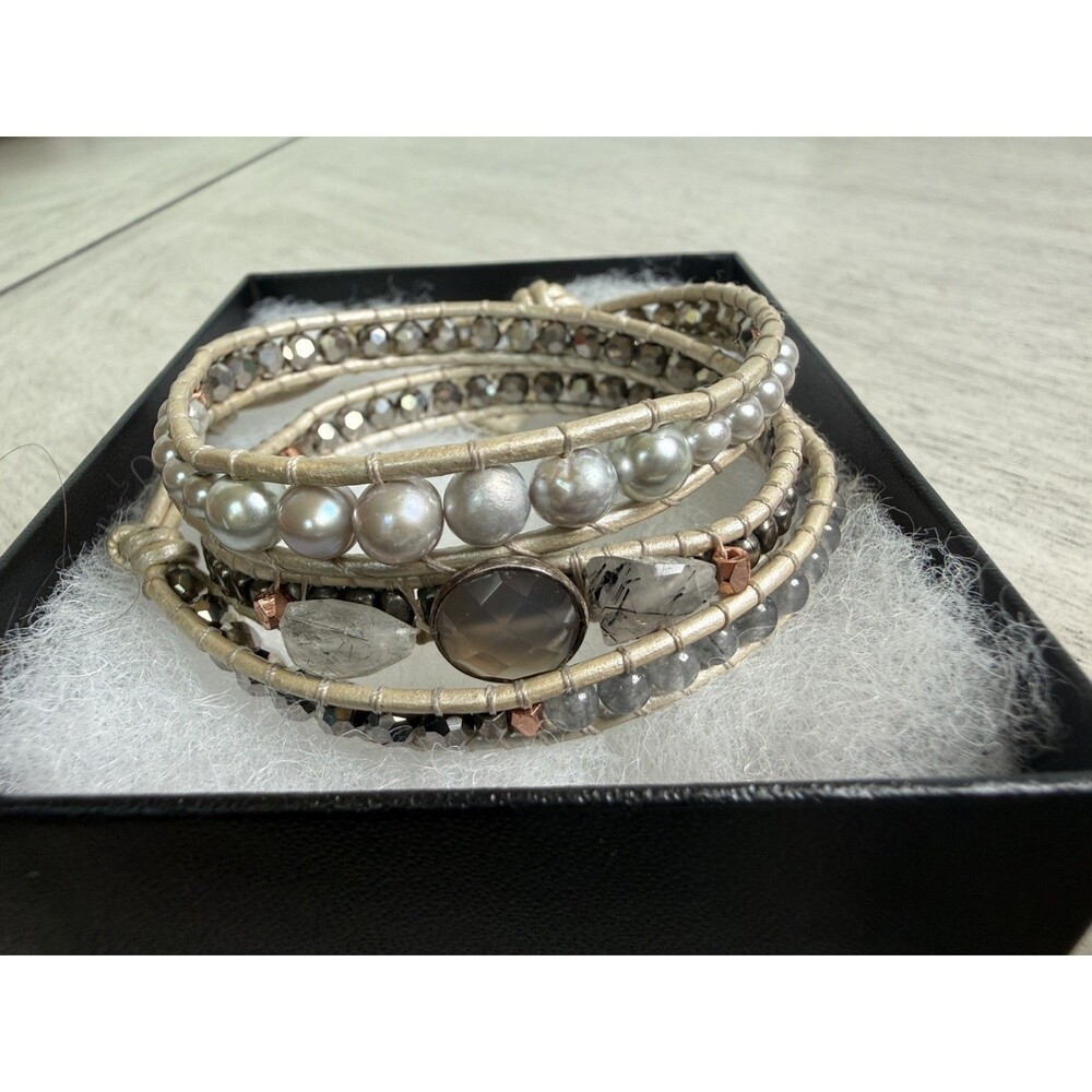 Nakamol Chicago Leather Multi Wrap Bracelet / Necklace Coated Pearl Stone Beaded